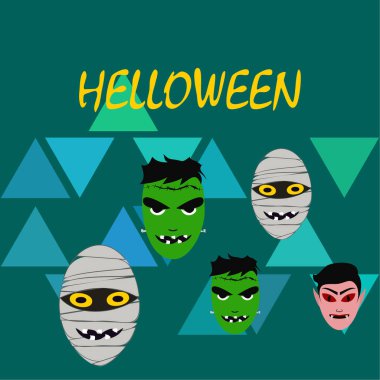 Cadılar Bayramı Poster renkli vektör çizim yüzü korkunç çizgi film karakterleri, Dracula, Frankenstein ve mumya olan 