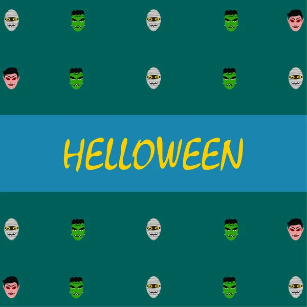 Illustrazione Vettoriale Colorata Poster Halloween Con Volti Personaggi Dei Cartoni — Vettoriale Stock