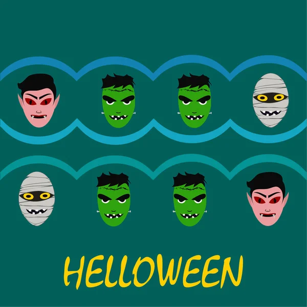 Cadılar Bayramı Poster renkli vektör çizim yüzü korkunç çizgi film karakterleri, Dracula, Frankenstein ve mumya olan 