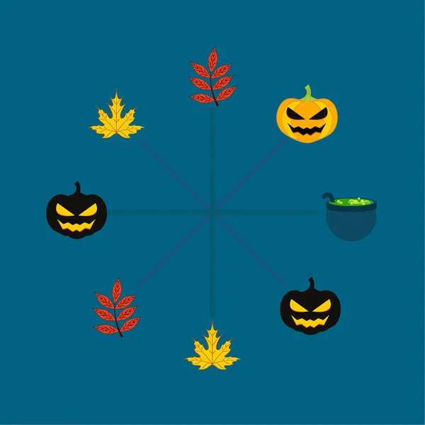 Halloween Hösten Pumpor Nedfallna Löv Häxa Cauldron Vector Bakgrund — Stock vektor