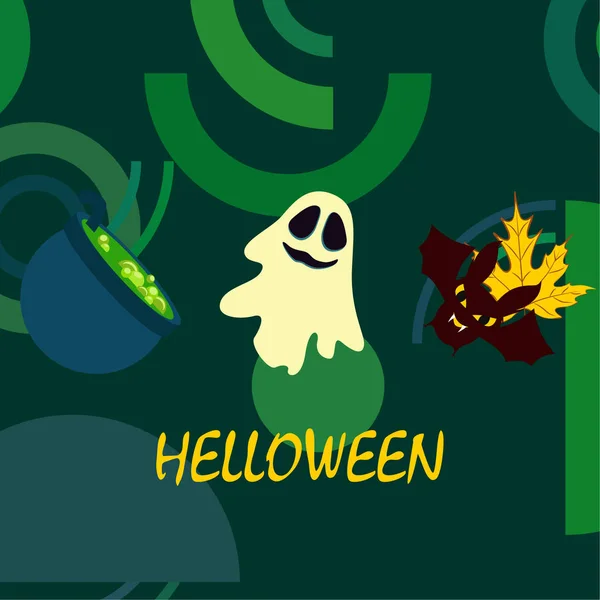 Halloween Autumn Fallen Leaf Cauldron Bat Ghost Vector Background — Stock Vector