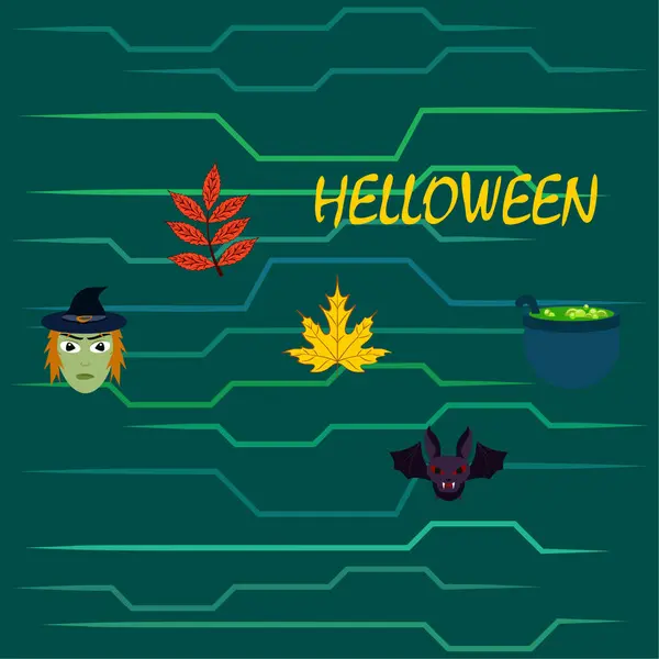 Halloween Čarodějnice Bat Hrnec Listy Vektorové Pozadí — Stockový vektor