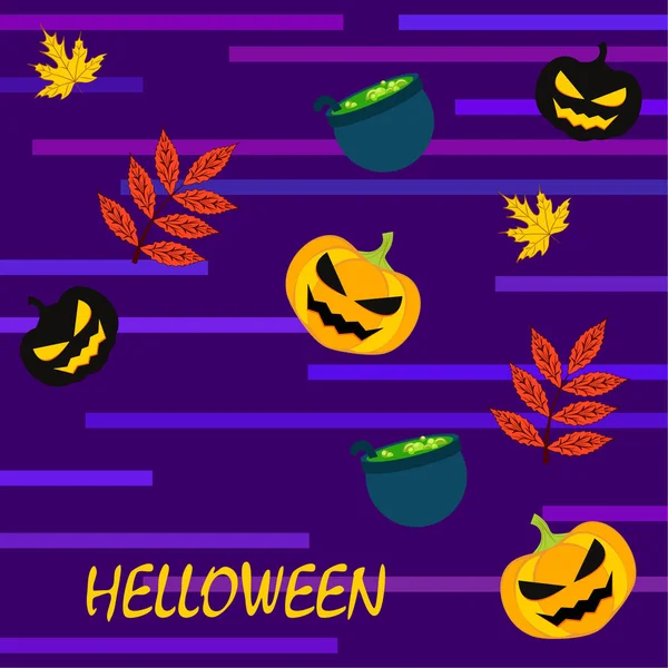 Calabazas Otoño Halloween Hojas Caídas Calderos Bruja Vector Fondo — Archivo Imágenes Vectoriales