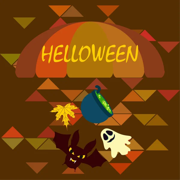 Halloween Herbst Hintergrund Mit Blatt Hexenkessel Fledermaus Geistervektor Hintergrund — Stockvektor