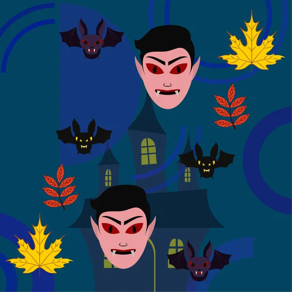 Halloween Herfst Herfstbladeren Maskers Dracula Vleermuizen Vector Illustratie — Stockvector