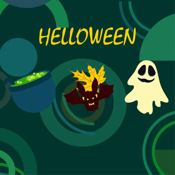 Halloween Otoño Hoja Caída Caldero Murciélago Fondo Vector Fantasma — Vector de stock