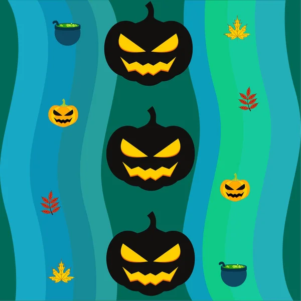 Halloween Hösten Pumpor Nedfallna Löv Häxa Grytorna Vector Bakgrund — Stock vektor