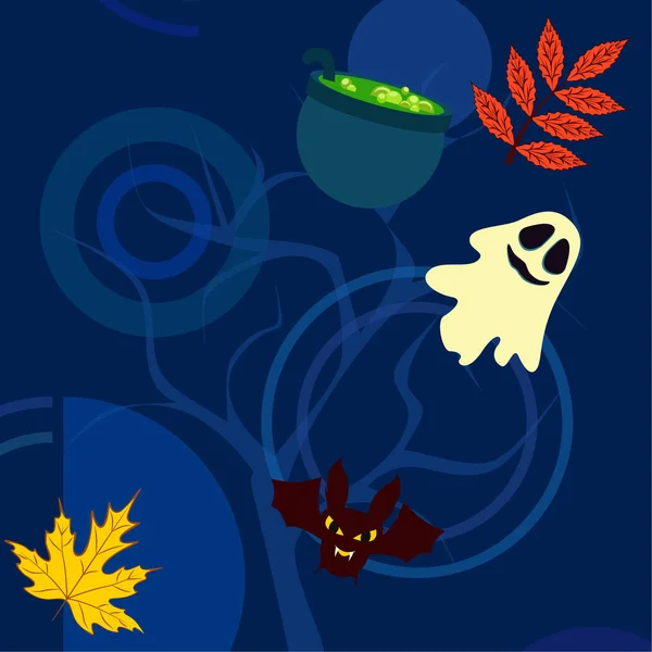 Fondo Otoño Halloween Con Hojas Caldero Murciélago Fondo Vector Fantasma — Archivo Imágenes Vectoriales