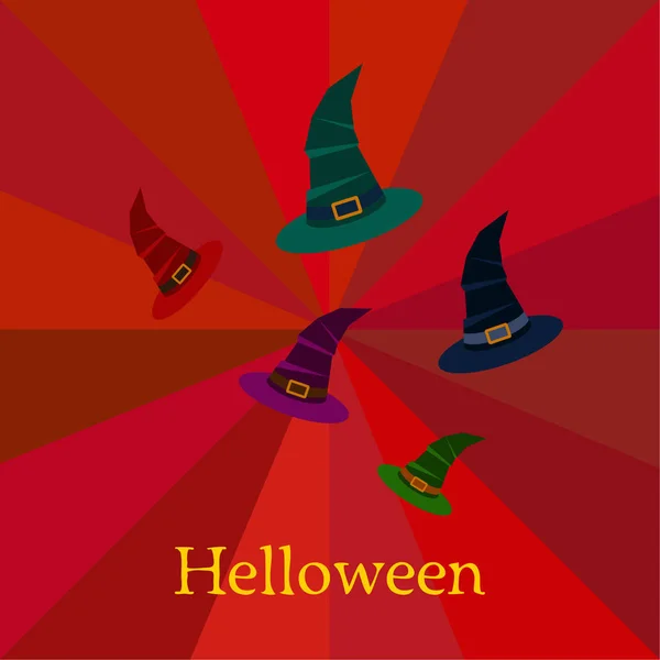 Halloween Bakgrund Med Häxa Hattar Röd Bakgrund — Stock vektor