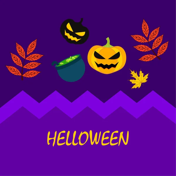Halloween Autunno Zucche Foglie Cadute Strega Calderone Vettoriale Illustrazione — Vettoriale Stock