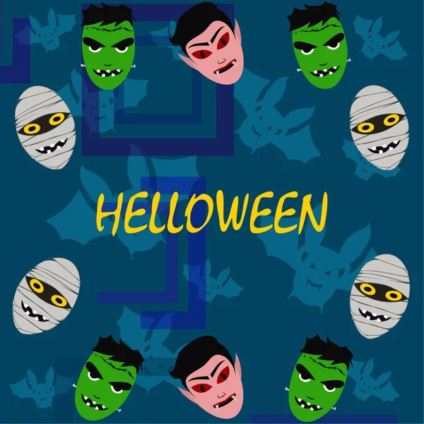 Halloween Blauer Hintergrund Mit Monstern Und Fledermäusen Vektorillustration — Stockvektor