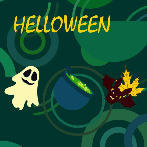 Halloween Autumn Fallen Leaf Cauldron Bat Ghost Vector Background — Stock Vector