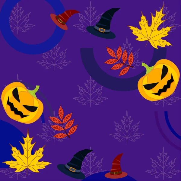 Halloween Autunno Zucche Foglie Cadute Cappelli Vettore Sfondo — Vettoriale Stock