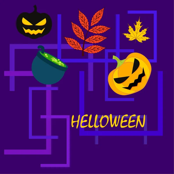 Calabazas Otoño Halloween Hojas Caídas Fondo Vector Caldero Bruja — Archivo Imágenes Vectoriales