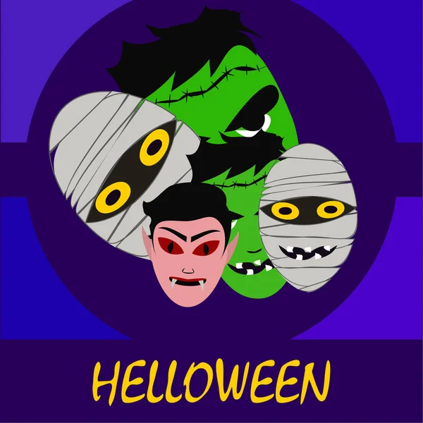 Monstruos Halloween Ilustración Vectorial Tarjeta — Vector de stock