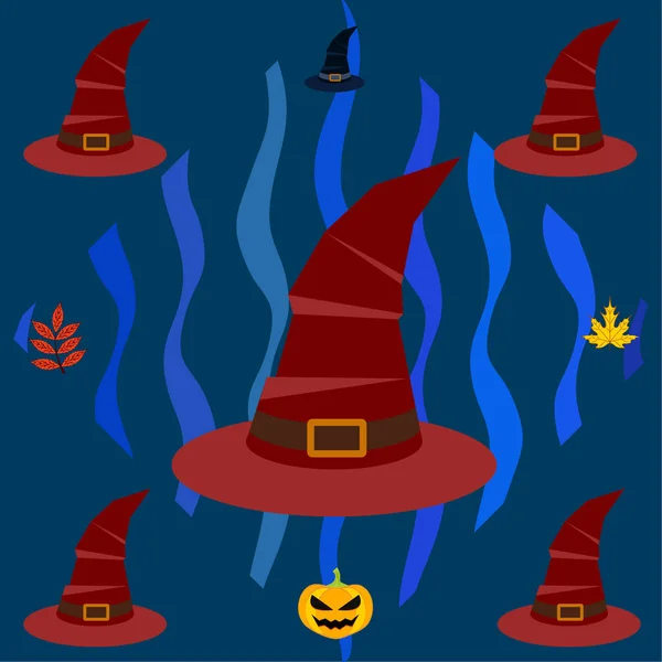 Halloween Höst Bakgrund Med Pumpa Nedfallna Löv Hattar — Stock vektor