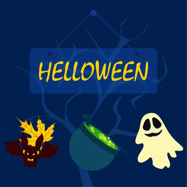 Halloween Herfst Achtergrond Met Ketel Vleermuis Ghost Vector Achtergrond — Stockvector