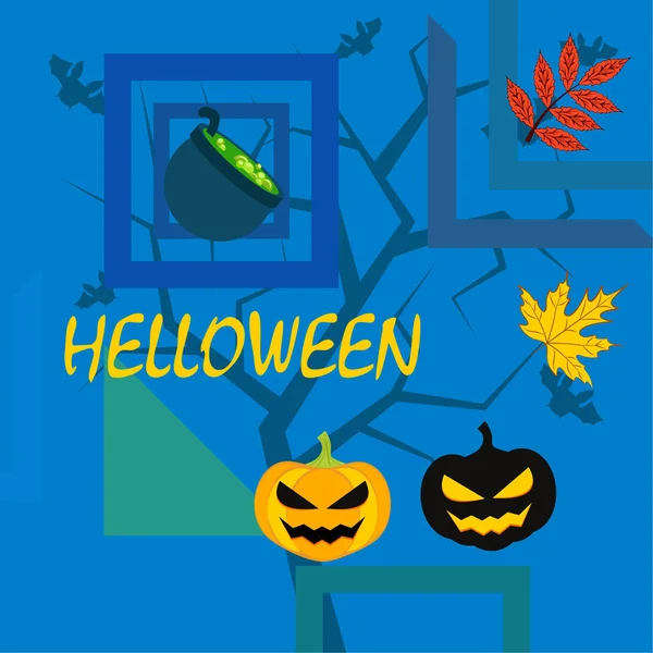 Halloween Autumn Pumpkins Fallen Leaves Witch Cauldron Vector Background — Stock Vector