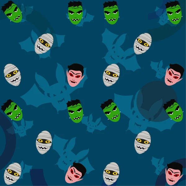 Halloween Blauwe Achtergrond Met Monsters Vleermuizen Vectorillustratie — Stockvector