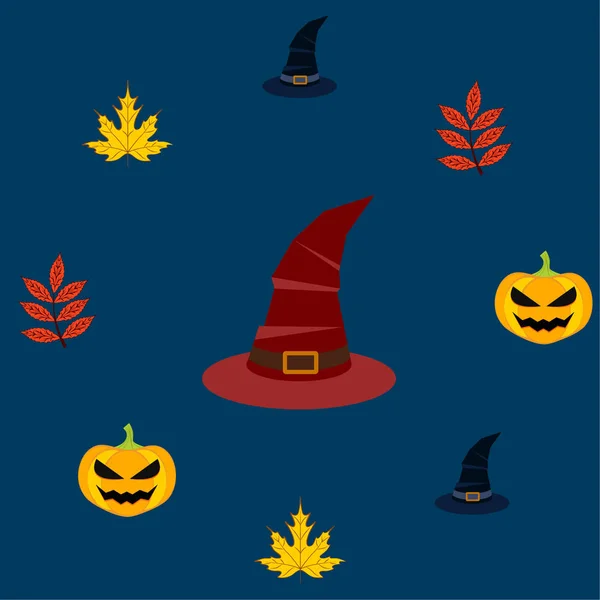 Halloween Herbst Hintergrund Mit Kürbissen Gefallenen Blättern Hüten — Stockvektor