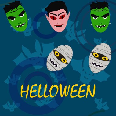 Cadılar Bayramı mavi artalanla canavarlar ve yarasalar, vektör çizim. 