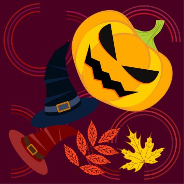 Cadılar Bayramı sonbahar kabak, düşen yapraklar, jant kapağı arka plan vektör