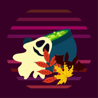 Cadılar Bayramı sonbahar düşen yapraklar, kazan, yarasa, hayalet vektör arka plan