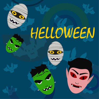 Cadılar Bayramı mavi artalanla canavarlar ve yarasalar, vektör çizim. 