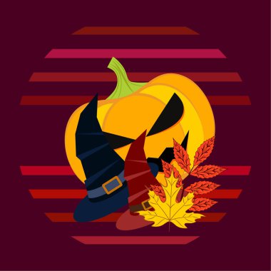 Cadılar Bayramı sonbahar kabak, düşen yapraklar, jant kapağı arka plan vektör