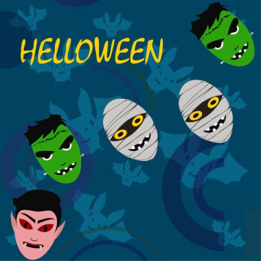 Cadılar Bayramı mavi artalanla canavarlar ve yarasalar, vektör çizim. 