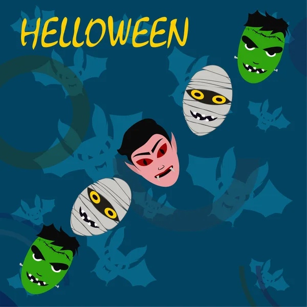 Halloween Blauer Hintergrund Mit Monstern Und Fledermäusen Vektor — Stockvektor