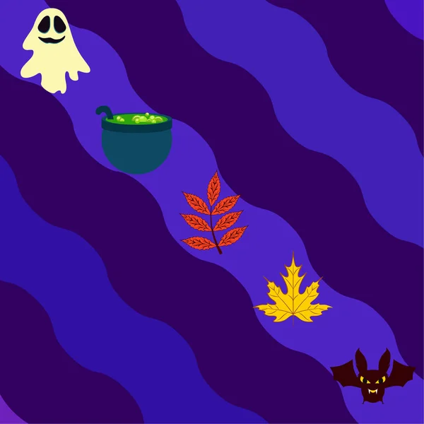 Halloween Herbst Gefallene Blätter Hexenkessel Fledermaus Geistervektor Hintergrund — Stockvektor
