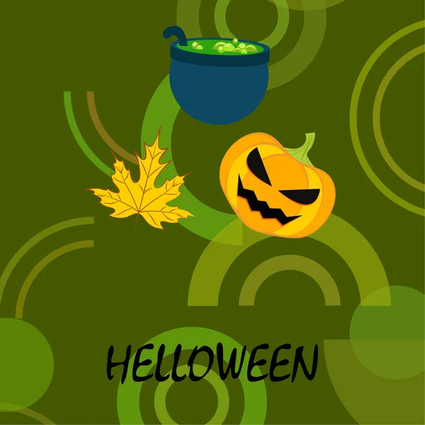 Halloween Autumn Pumpkin Fallen Leaf Witch Cauldron Vector Background — Stock Vector