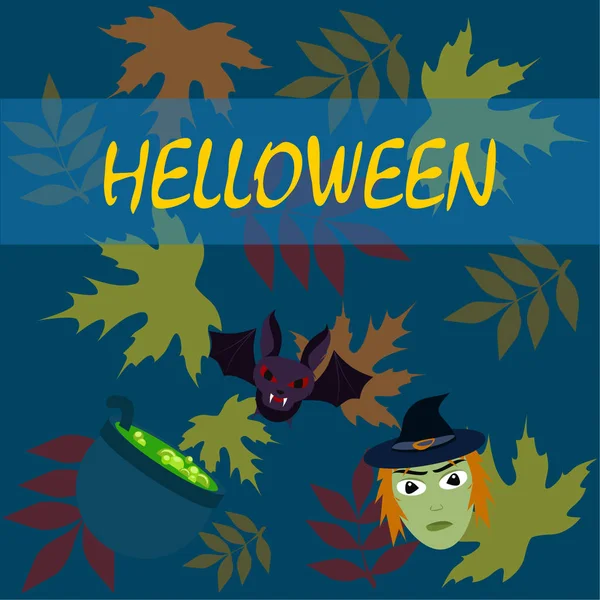 Halloween Fallna Höstlöv Häxa Bat Potten Vector Bakgrund — Stock vektor