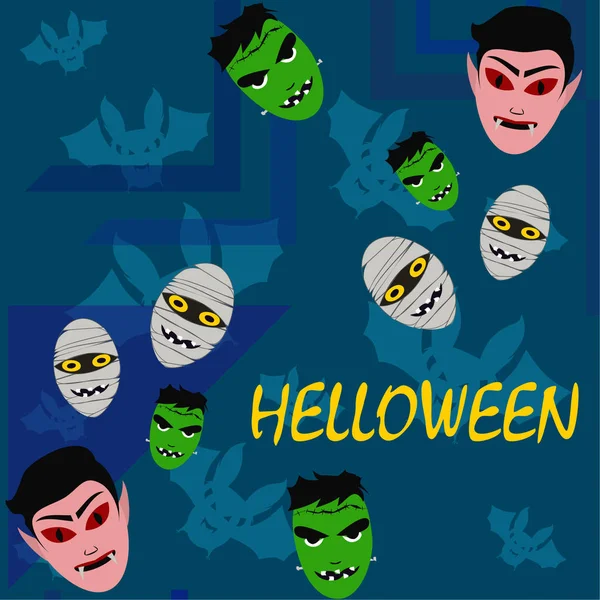 Fondo Azul Halloween Con Monstruos Murciélagos Ilustración Vectorial — Vector de stock