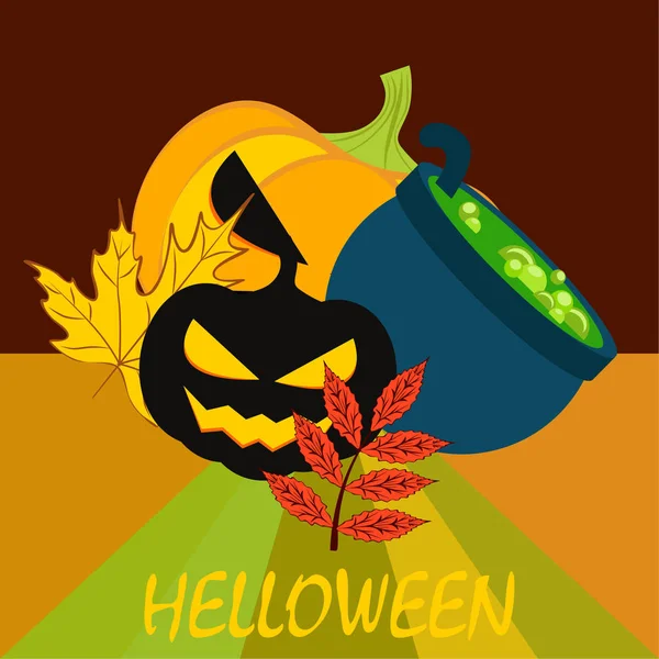 Calabazas Otoño Halloween Hojas Caídas Ilustración Vector Caldero Bruja — Vector de stock