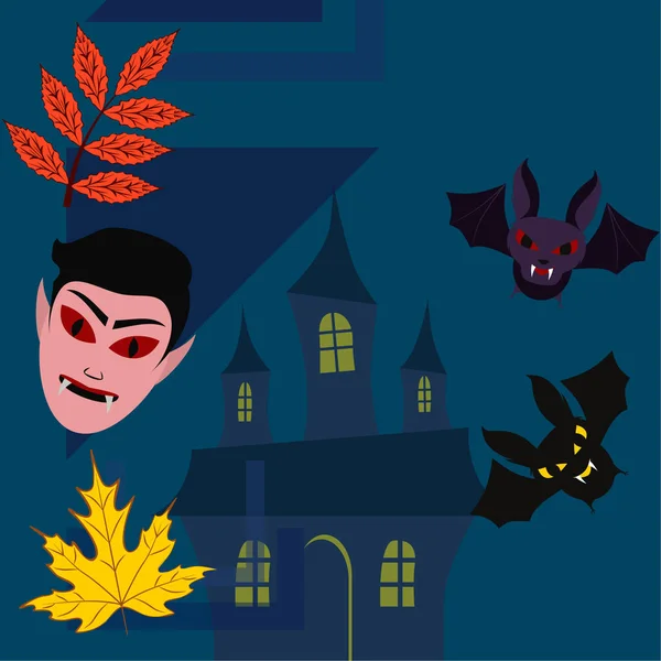 Halloween Autumn Fall Leaves Mask Dracula Bats Vector Illustration — Stock Vector