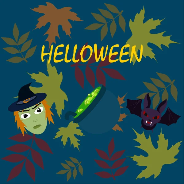 Halloween Otoño Hojas Caídas Bruja Murciélago Fondo Vector Olla — Vector de stock