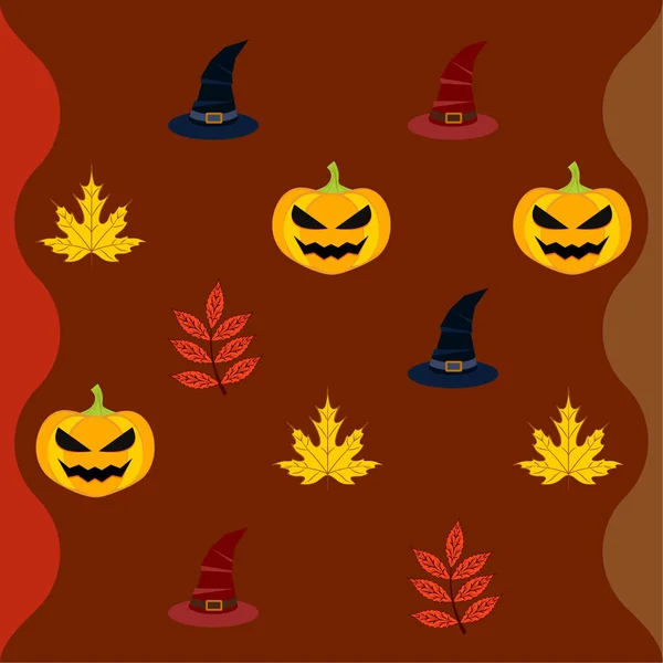 Halloween Herbst Kürbisse Und Gefallene Blätter Hüte Vektor Hintergrund — Stockvektor