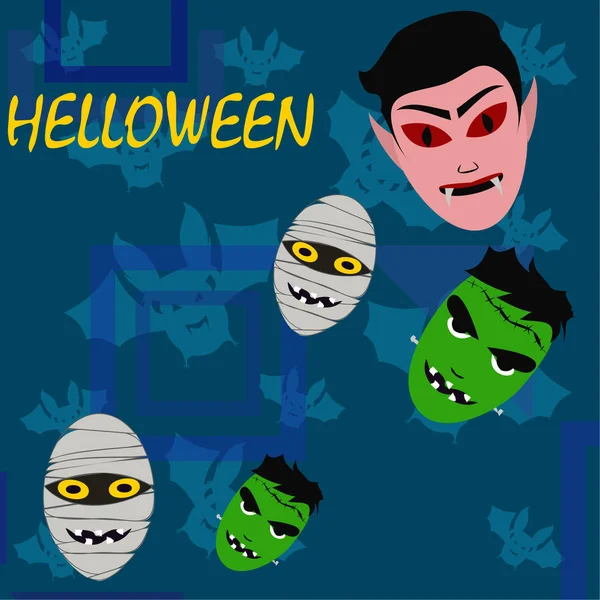 Fondo Azul Halloween Con Monstruos Murciélagos Ilustración Vectorial — Vector de stock