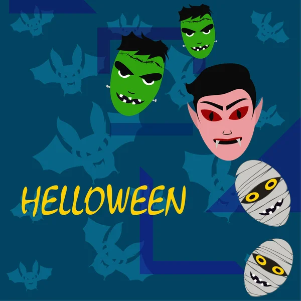 Halloween Blauer Hintergrund Mit Monstern Und Fledermäusen Vektorillustration — Stockvektor