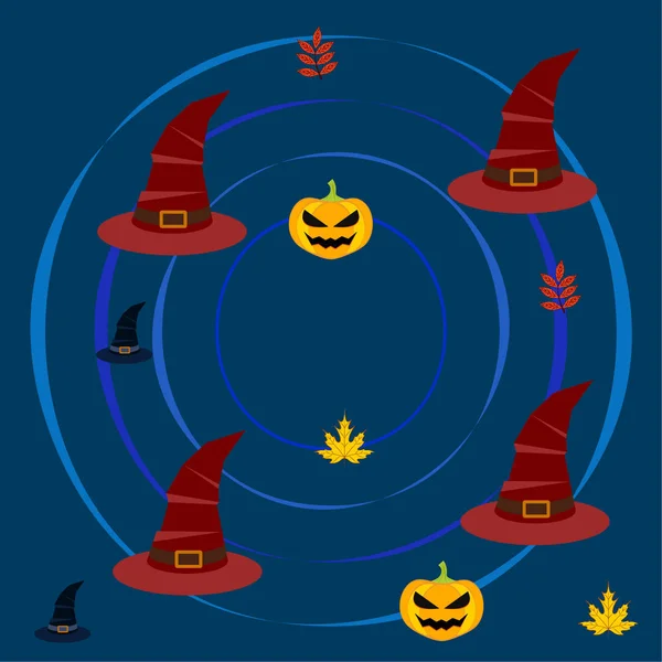 Halloween Pumpkins Düşen Yapraklar Şapka Ile Sonbahar Arka Plan — Stok Vektör