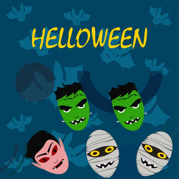 Halloween Fundo Azul Com Monstros Morcegos Vector —  Vetores de Stock