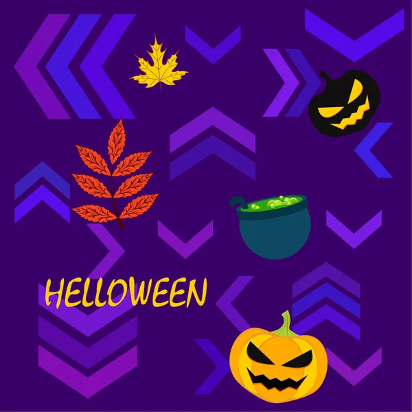 Calabazas Otoño Halloween Hojas Caídas Fondo Vector Caldero Bruja — Vector de stock