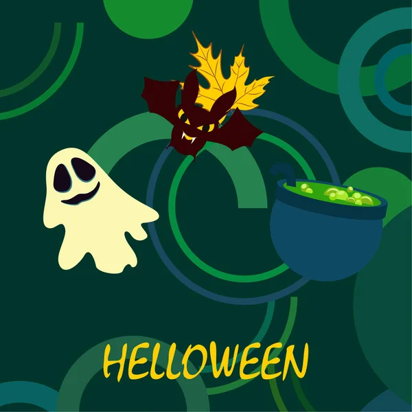 Podzimní Halloween Spadlý List Kotel Bat Ghost Vektorové Pozadí — Stockový vektor