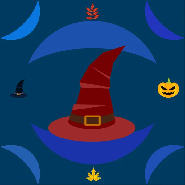 Halloween Outono Fundo Com Abóbora Folhas Caídas Chapéus — Vetor de Stock