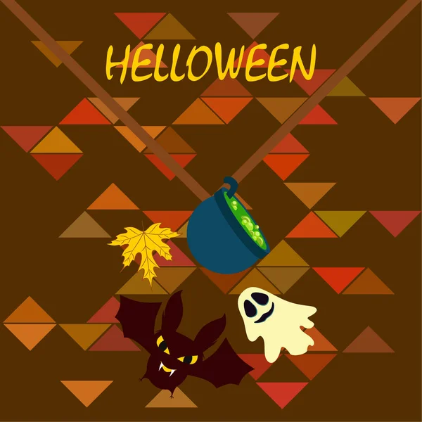 Halloween Autumn Background Leaf Cauldron Bat Ghost Vector Background — Stock Vector