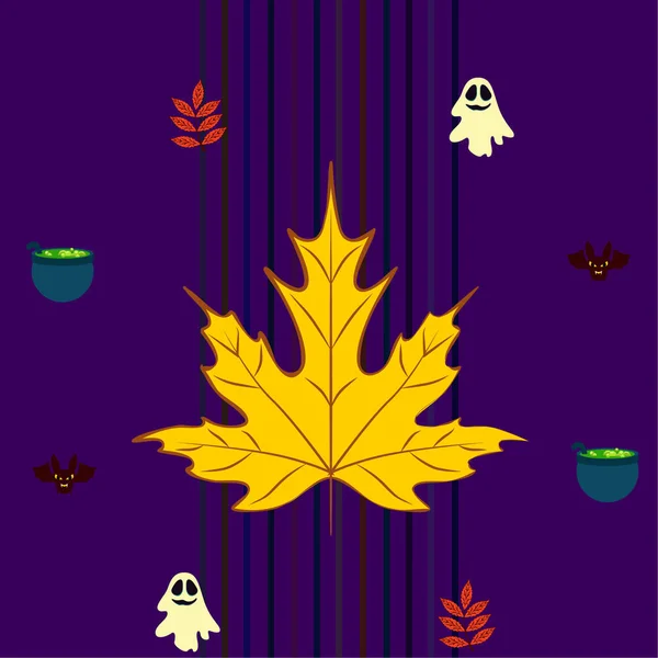 Fondo Otoño Halloween Con Hojas Caldero Murciélago Fondo Vector Fantasma — Archivo Imágenes Vectoriales