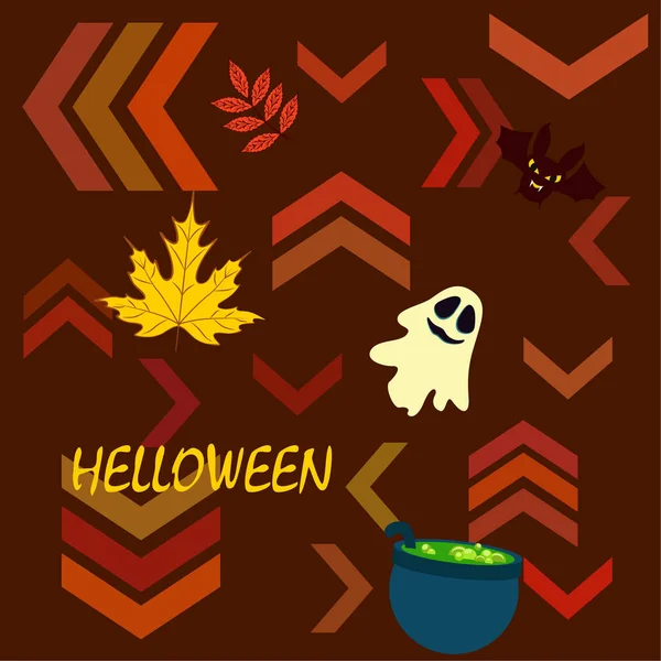 Halloween Autumn Fallen Leaves Cauldron Bat Ghost Vector Background — Stock Vector