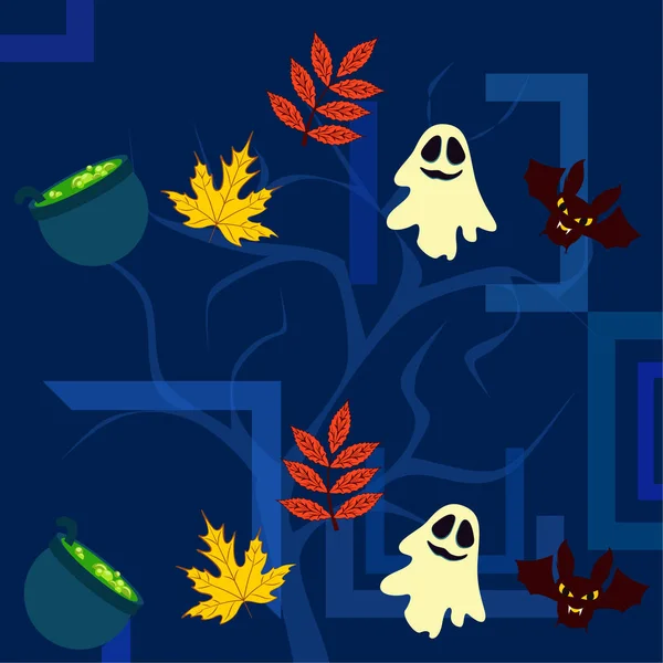 Cadılar Bayramı Sonbahar Arka Plan Ile Yaprakları Kazanlarda Yarasalar Hayaletler — Stok Vektör